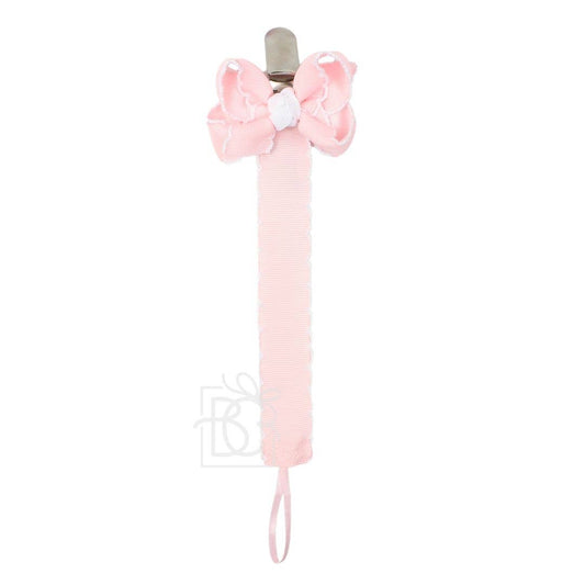 Crochet Edge Grosgrain Pacifier Clip w/ Detachable Bow: Light Pink w/ White Crochet Edge