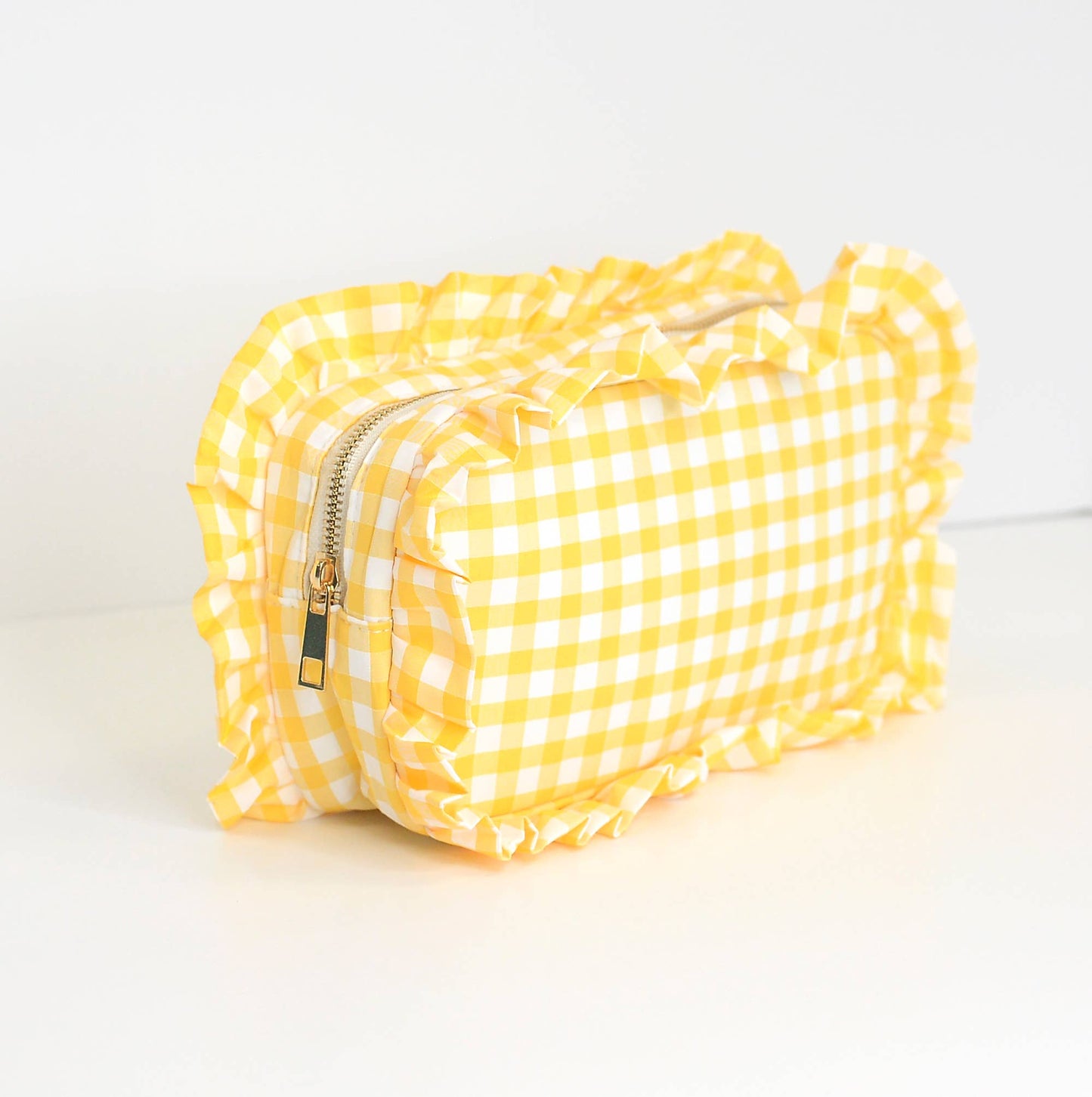 Gingham Ruffle Zipper Pouch Embroidery Friendly Cosmetic Bag: Black