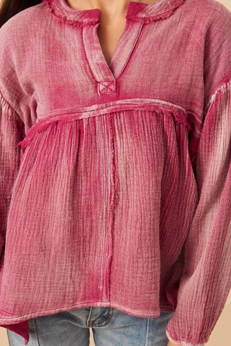 Girls Washed Raw Edge Puff Sleeve Peplum Top