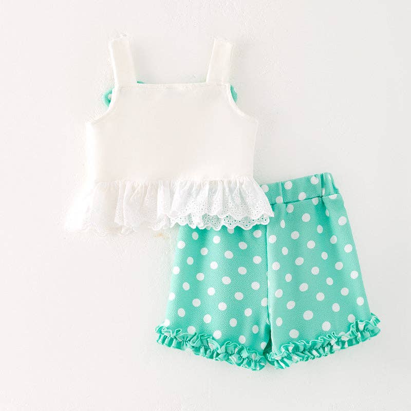 Girls Summer Mint Dot Ice-cream Applique Short Set: 3T