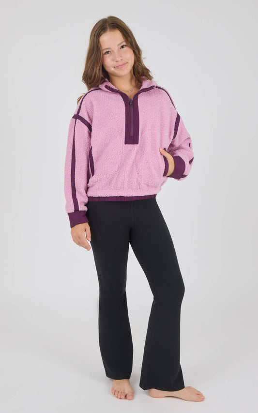 Tween Girls Trendy Quarter Zip Sherpa Jacket and Flare Set : PINK LAVENDER/BLACK