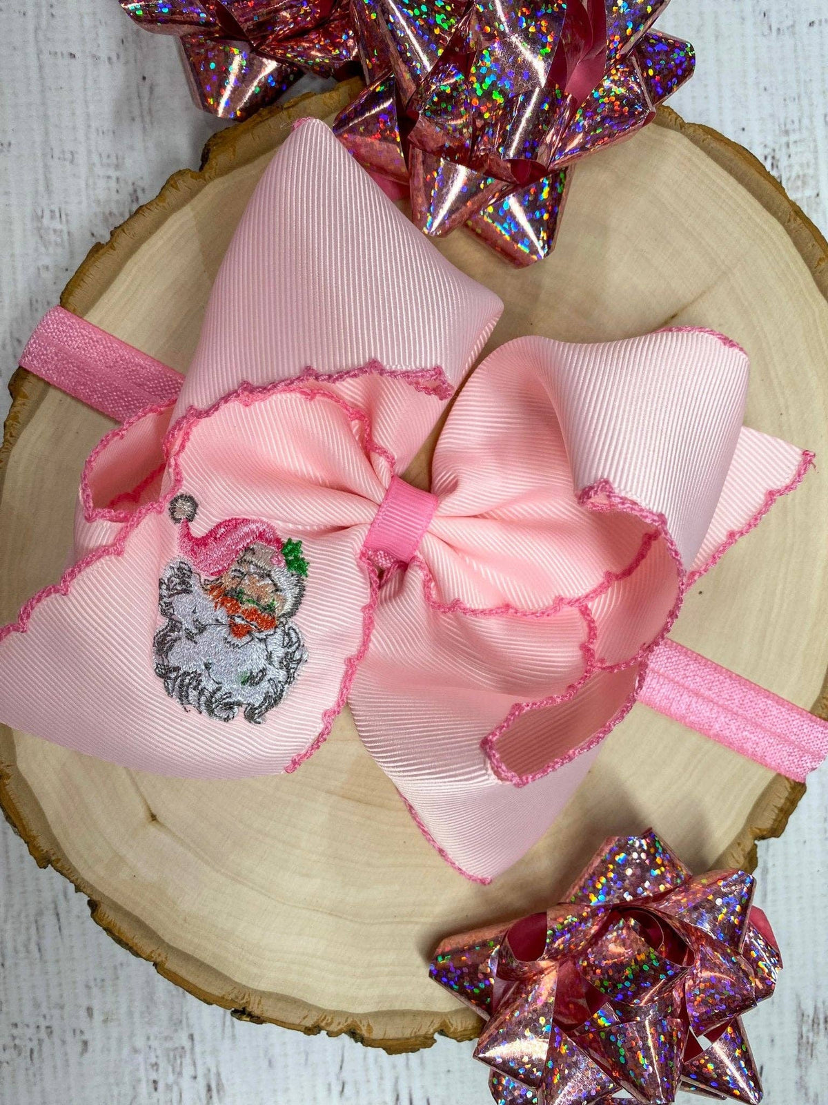 Pink Santa Embroidered Hair Bow | Clip or Headband: Clip