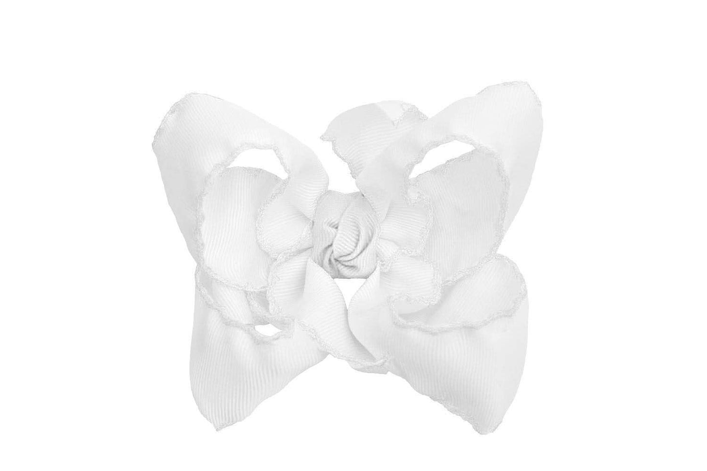 CROCHET EDGE RIBBON BOW ON CLIP: 5.5" Extra Large - 2.25" Ribbons on Alligator Clip / WHITE/WHITE