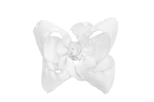 CROCHET EDGE RIBBON BOW ON CLIP: 5.5" Extra Large - 2.25" Ribbons on Alligator Clip / WHITE/WHITE