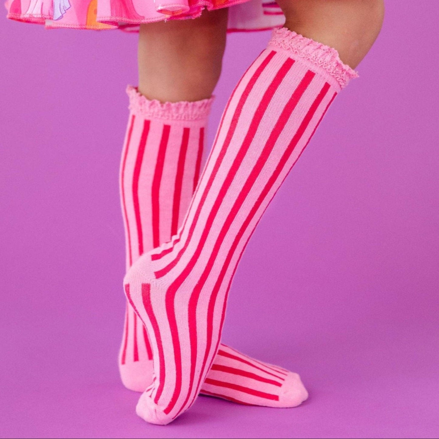 Taffy Striped Lace Top Knee High Socks