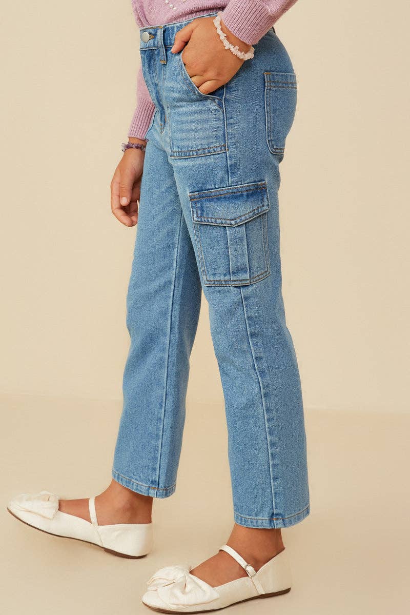 Girls Cargo Pocket Straight Leg Patch Pocket Jeans