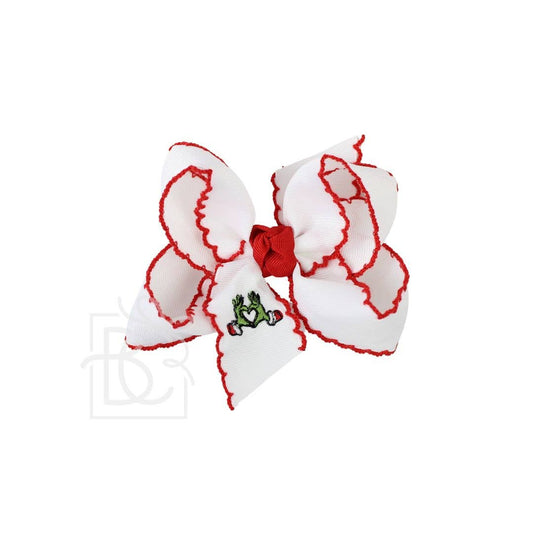 Embroidered Grinch Heart Crochet Edge Hair Bow: White w/ Red Crochet Edge / 4.5" Large