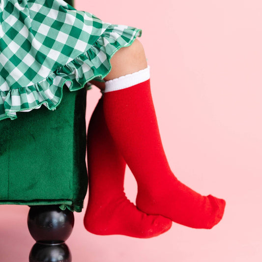 Red/White Scalloped Knee High Socks