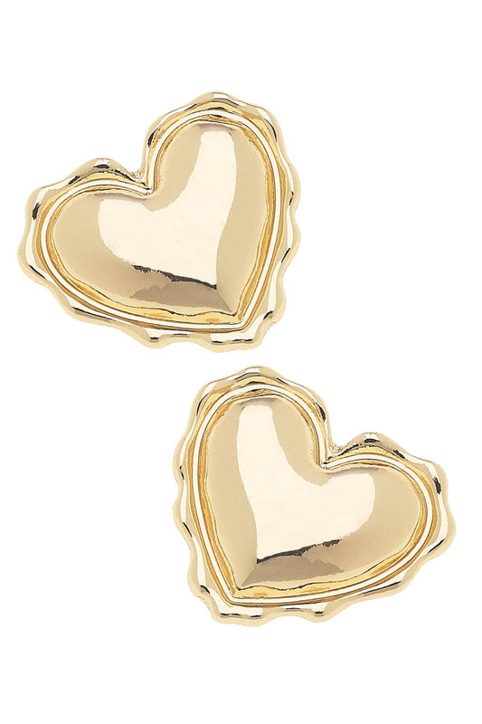 Amy Stamped Heart Stud Earrings in Shiny Gold