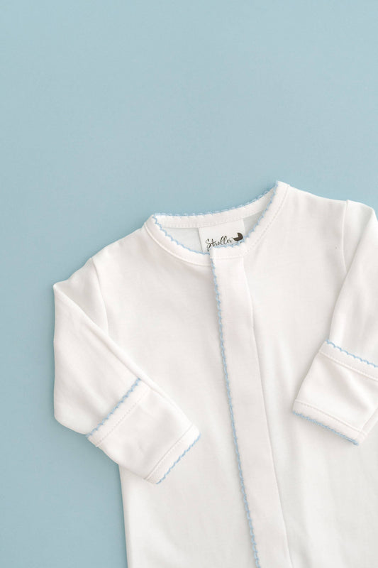 Pima Cotton Footie - Pastel Embroidery blanks - Baby Blanks: White w Baby Blue Picot Trim
