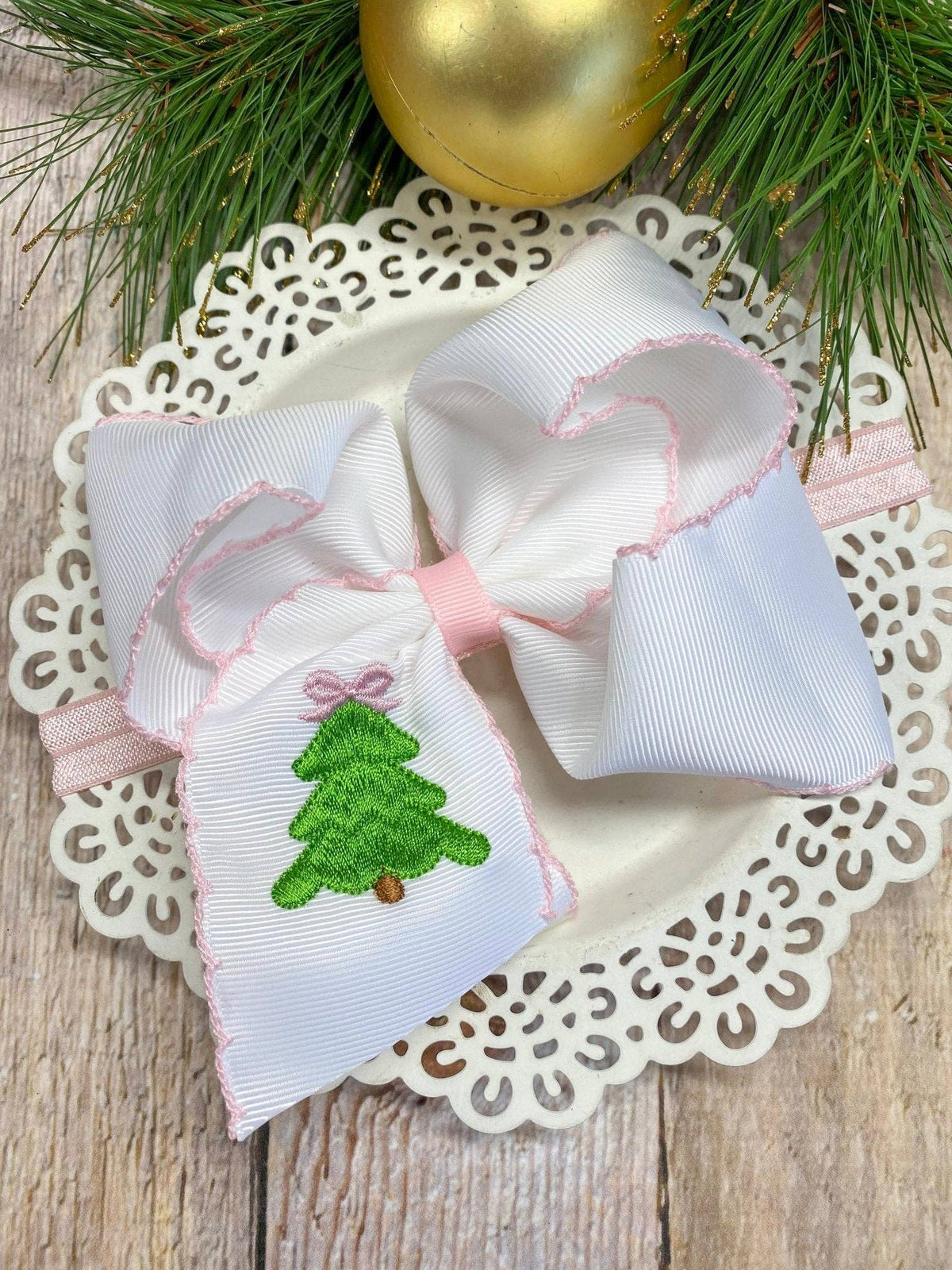 Pink Christmas Tree Embroidered Hair Bow | Clip or Headband: Clip