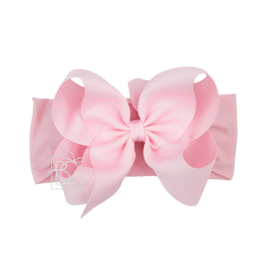 WIDE PANTYHOSE HEADBAND W/CLASSIC GROSGRAIN BOW: LIGHT PINK / 3+ Months / 5.5" Huge