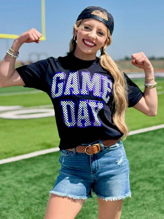 Checkered Game Day with Metallic Puff Tee: Black/ Purple