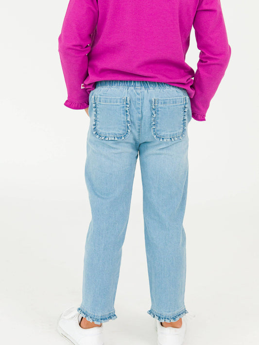 Girls Light Wash Denim Ruffle Straight Jeans