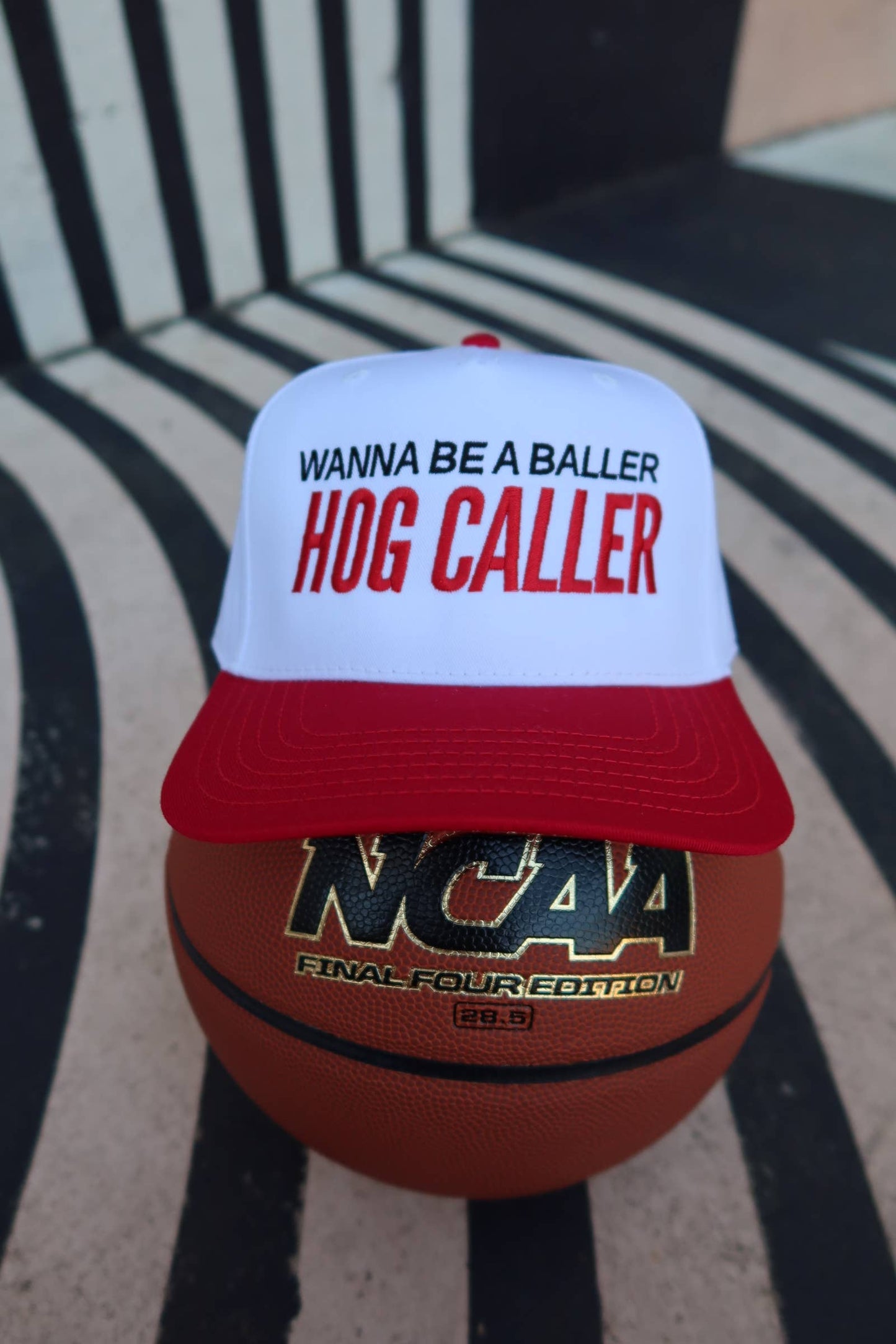 Wanna Be a Baller Hog Caller Arkansas Vintage Trucker Hat: Red/White