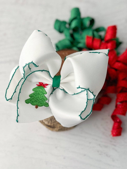 Christmas Tree Embroidered Hair Bow | Clip or Headband: Clip
