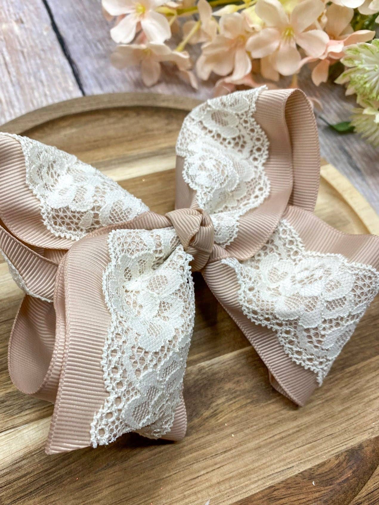 Chantilly Lace Two-Tone Bow  | Classic Lace Baby & Toddler Hair Bow: Oatmeal With Ivory / Hair Bow on Double Prong Clip