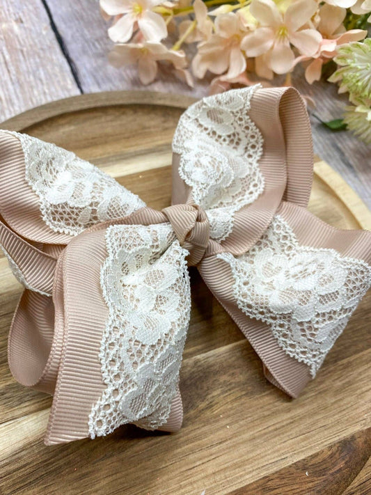 Chantilly Lace Two-Tone Bow  | Classic Lace Baby & Toddler Hair Bow: Oatmeal With Ivory / Hair Bow on Double Prong Clip