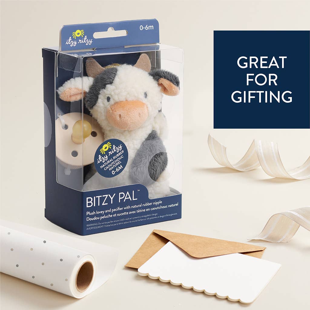 *NEW OPTIONS* Bitzy Pal Natural Rubber Pacifier & Plush: Cow 0-6M