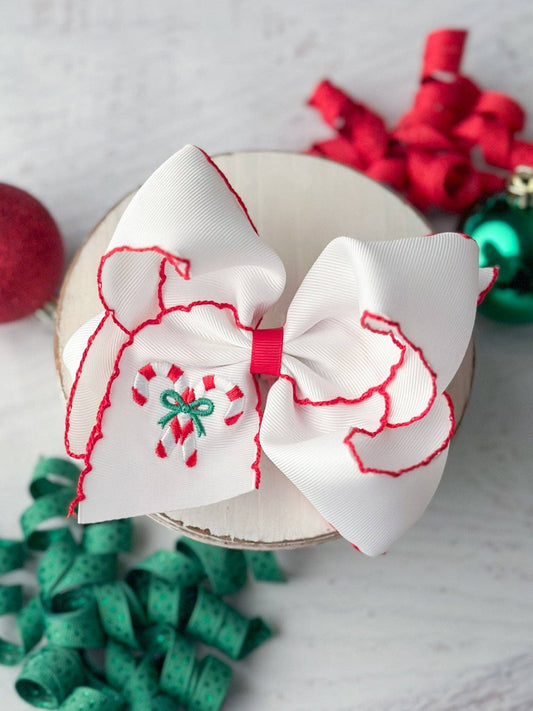 Candy Cane Embroidered Hair Bow | Clip or Headband: Clip