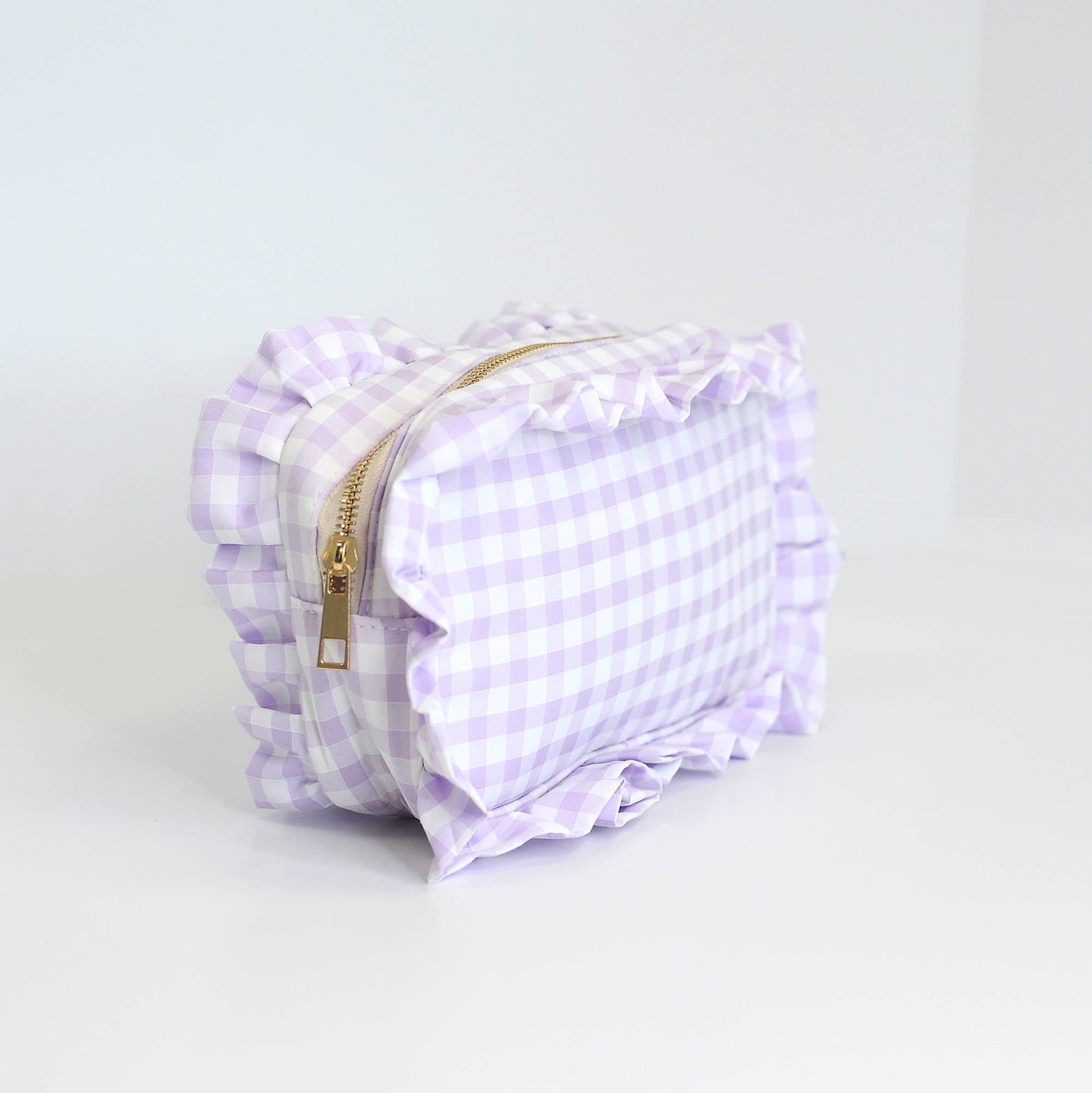 Gingham Ruffle Zipper Pouch Embroidery Friendly Cosmetic Bag: Purple