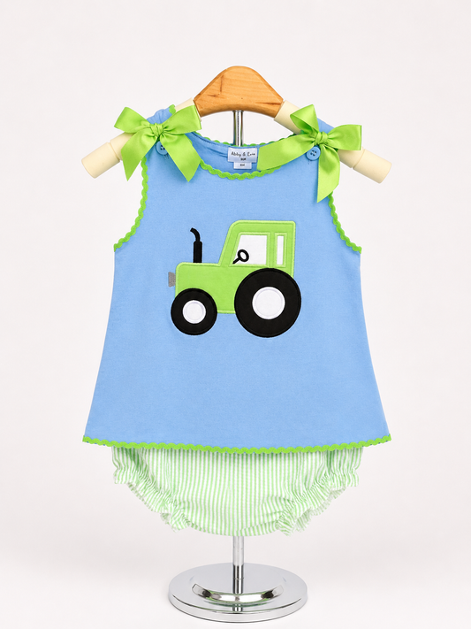 Blue Tractor Seersucker Bloomer Set