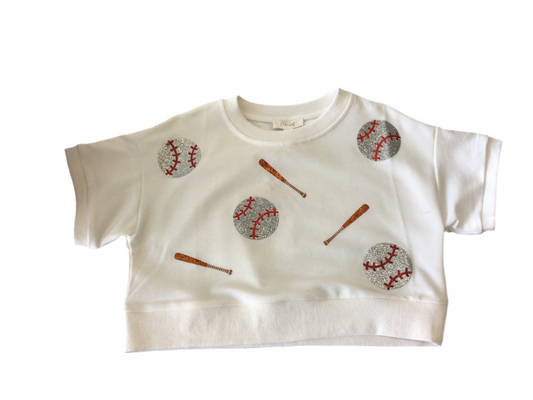 Kids Glitter Baseball/Bat White Sweatshirt