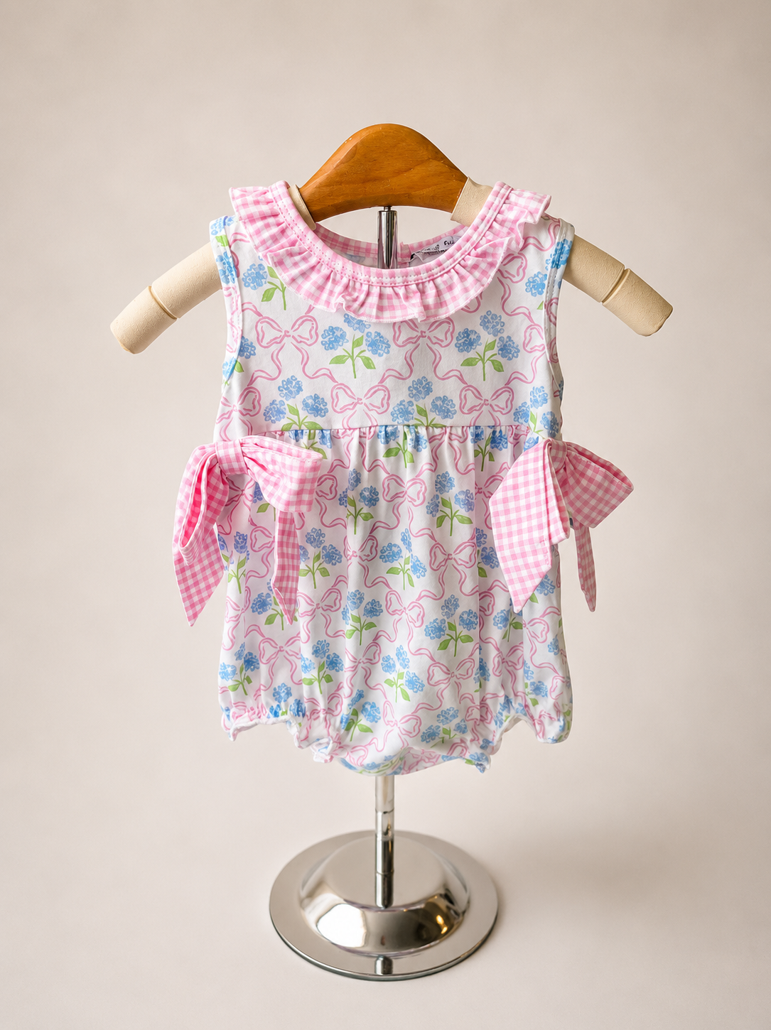 Pink Hydrangea Bow Print Ruffle Bubble