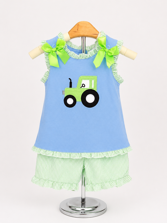 Blue Tractor Seersucker Girl Set
