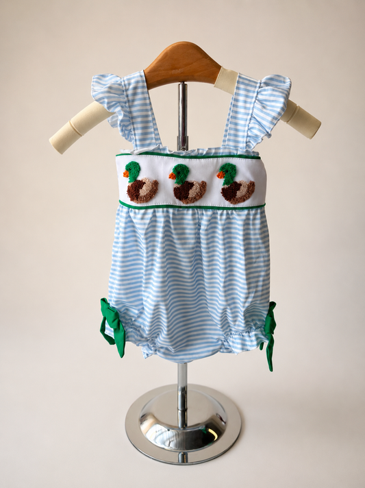 Blue Stripe Duck French Knot Ruffle Bubble