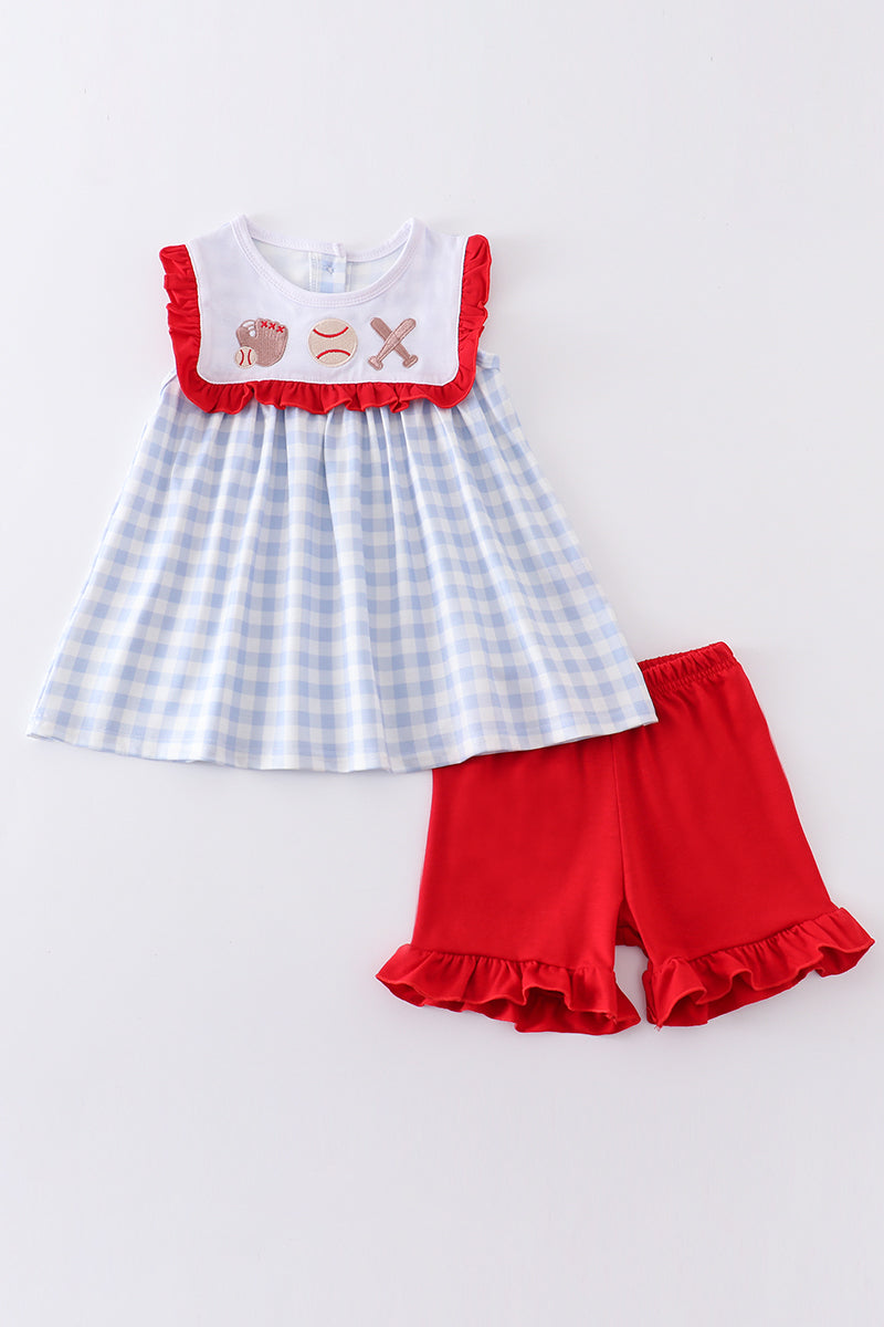 Blue Plaid Baseball Girl Set