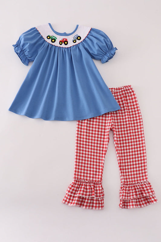 Blue Tractor Ruffle Pants Set