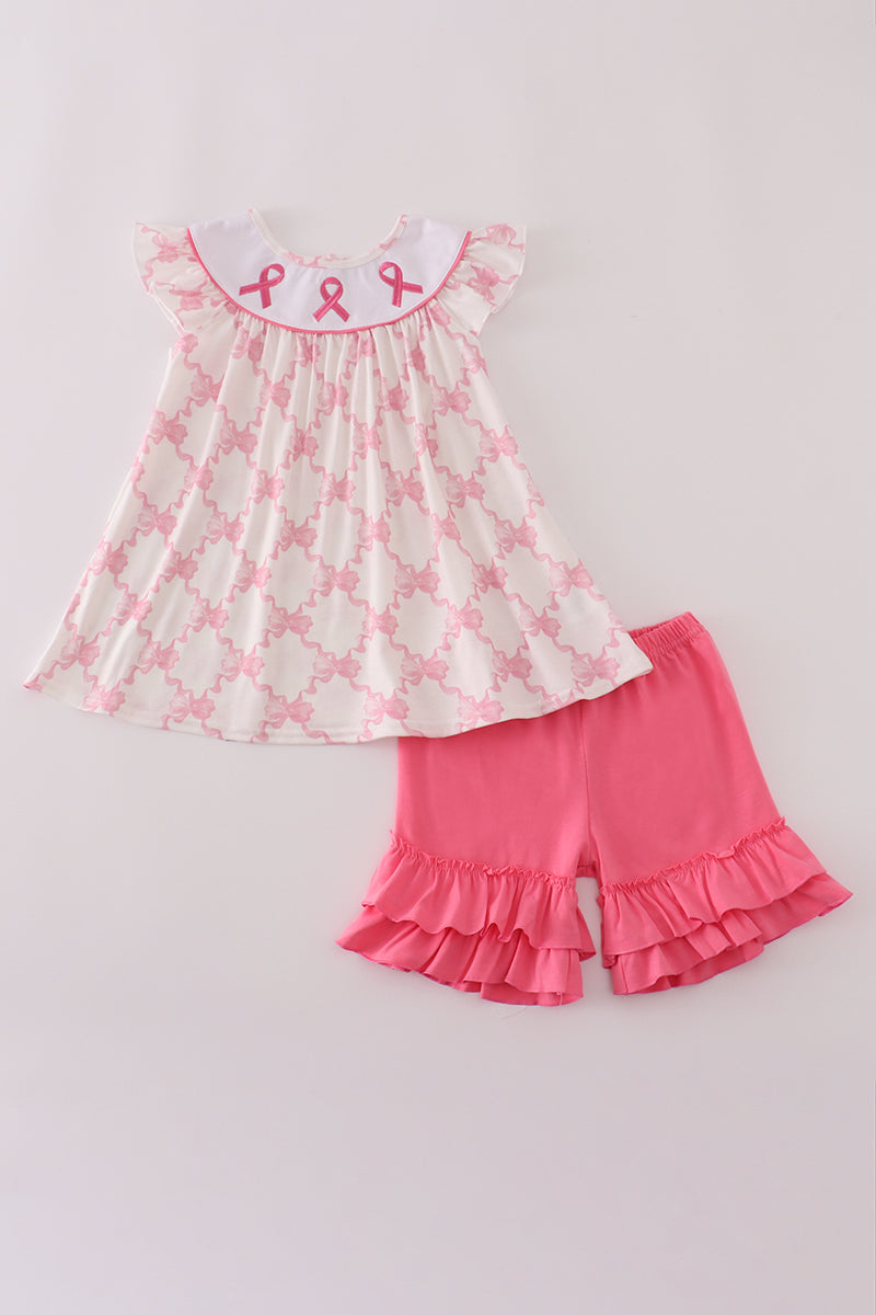 Pink Bow Tie Ruffle Shorts Set