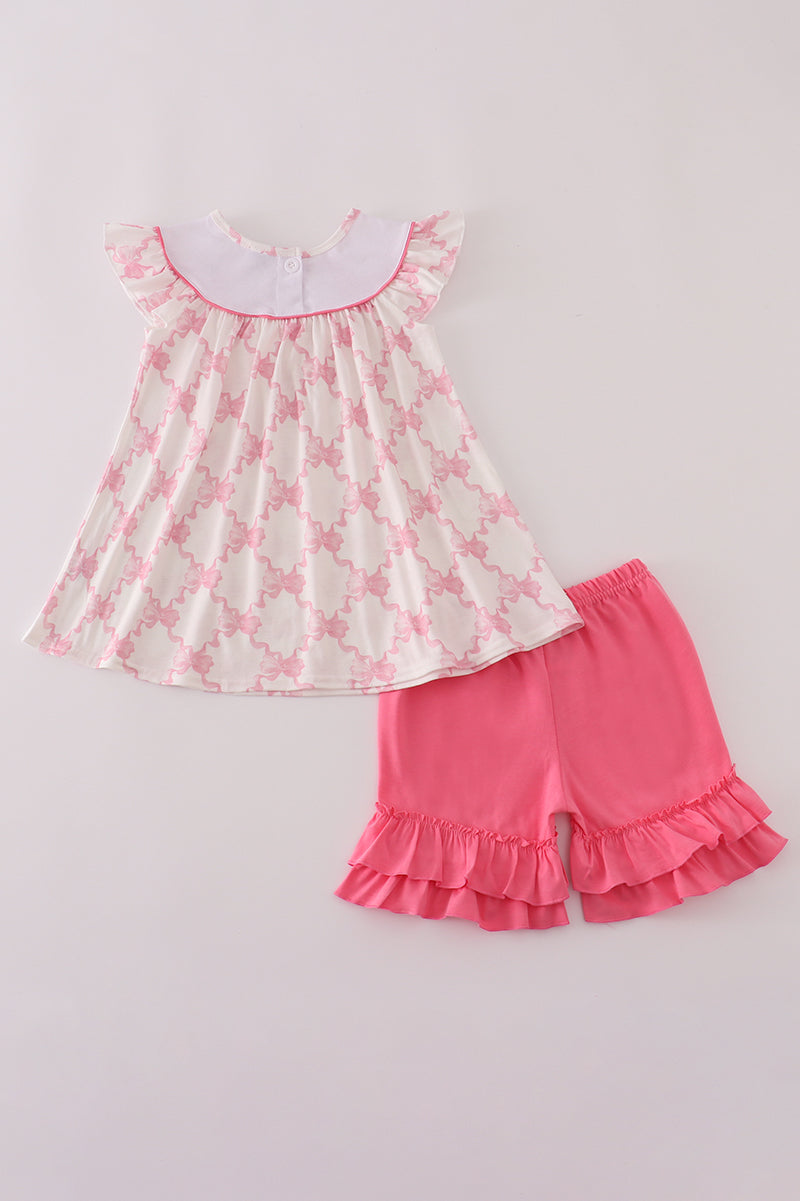 Pink Bow Tie Ruffle Shorts Set