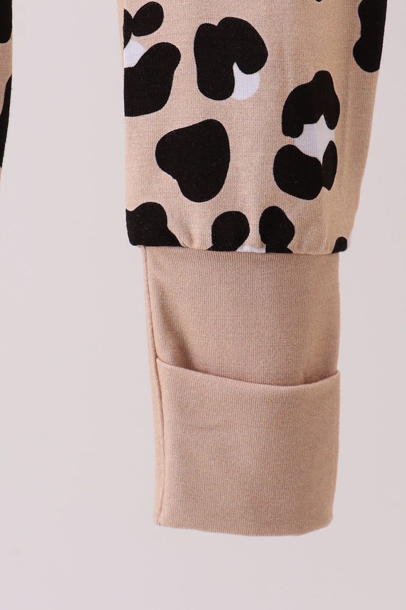 Brown Leopard Bamboo Ruffle Zipper Romper