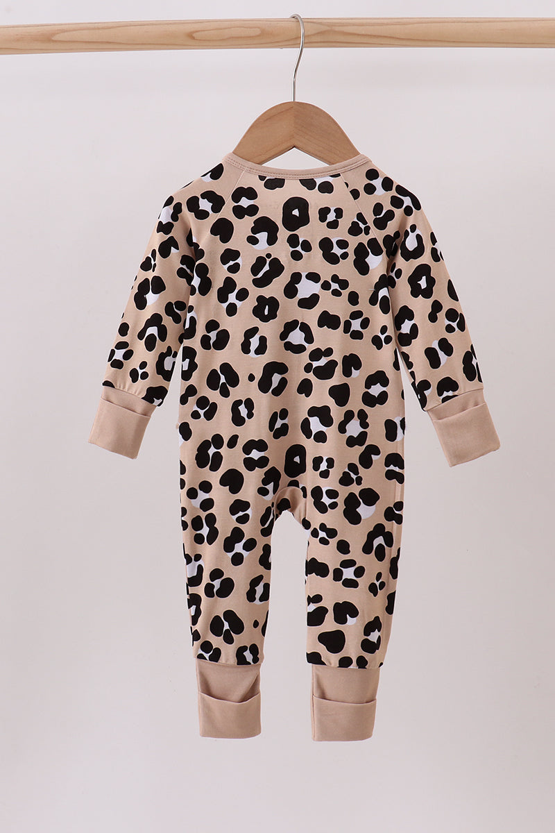 Brown Leopard Bamboo Ruffle Zipper Romper