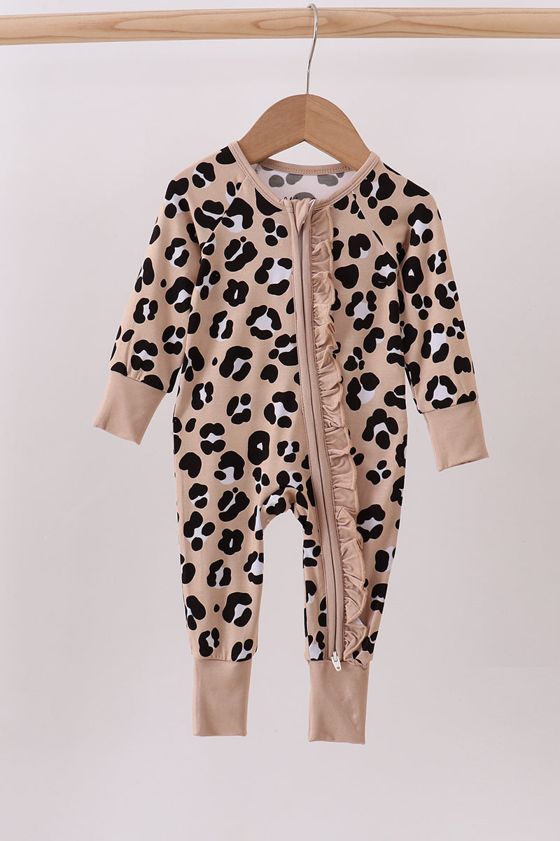 Brown Leopard Bamboo Ruffle Zipper Romper