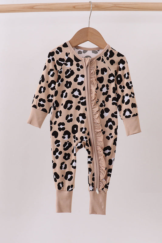 Brown Leopard Bamboo Ruffle Zipper Romper