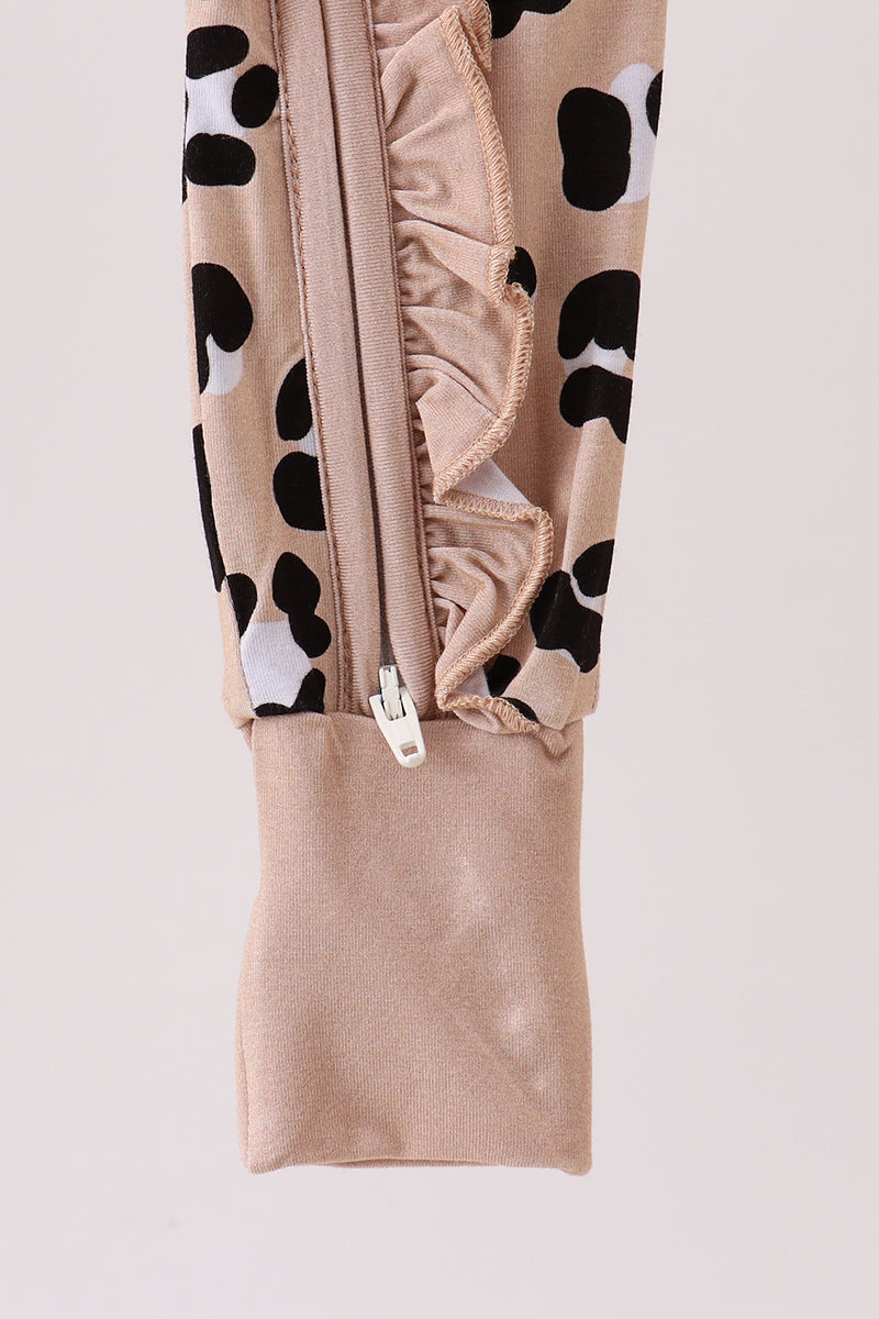 Brown Leopard Bamboo Ruffle Zipper Romper