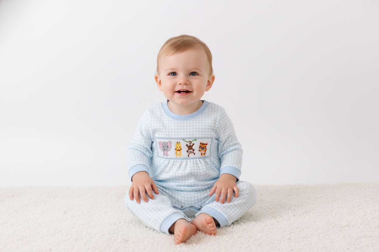 Blue Animal Smocked Gingham Romper