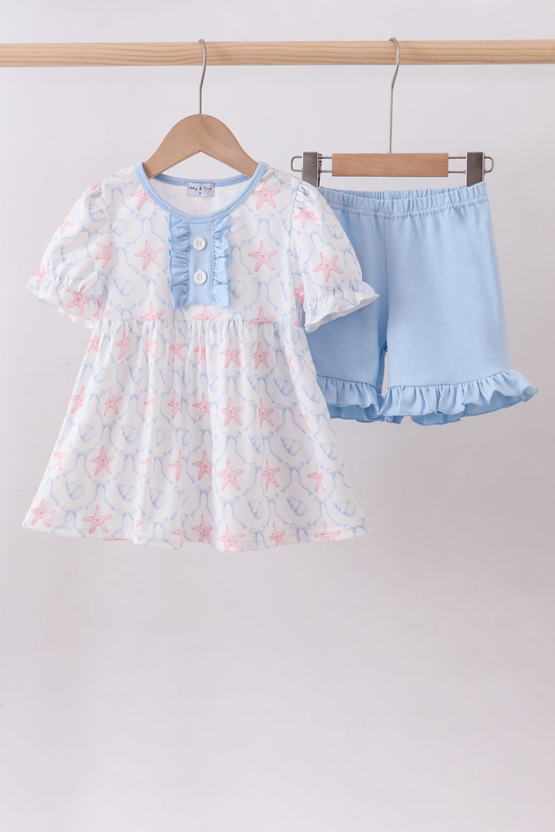 Blue Starfish Shell Ruffle Shorts Set