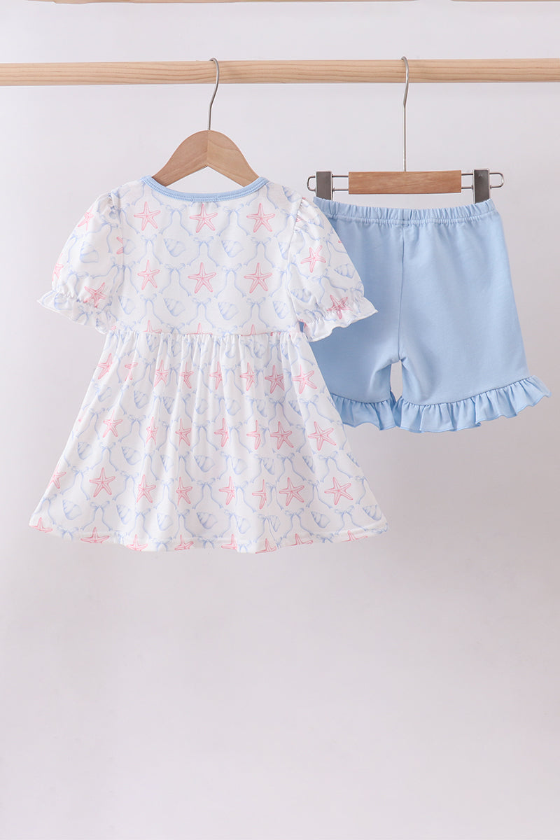 Blue Starfish Shell Ruffle Shorts Set