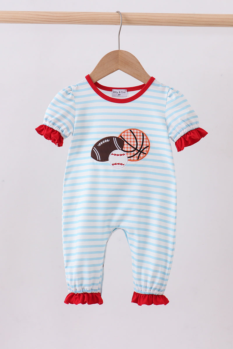 Blue Stripe Sports Trio Applique Romper