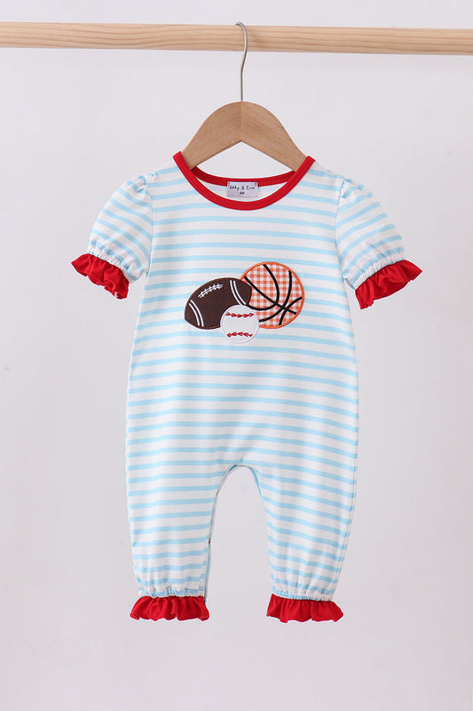 Blue Stripe Sports Trio Applique Romper