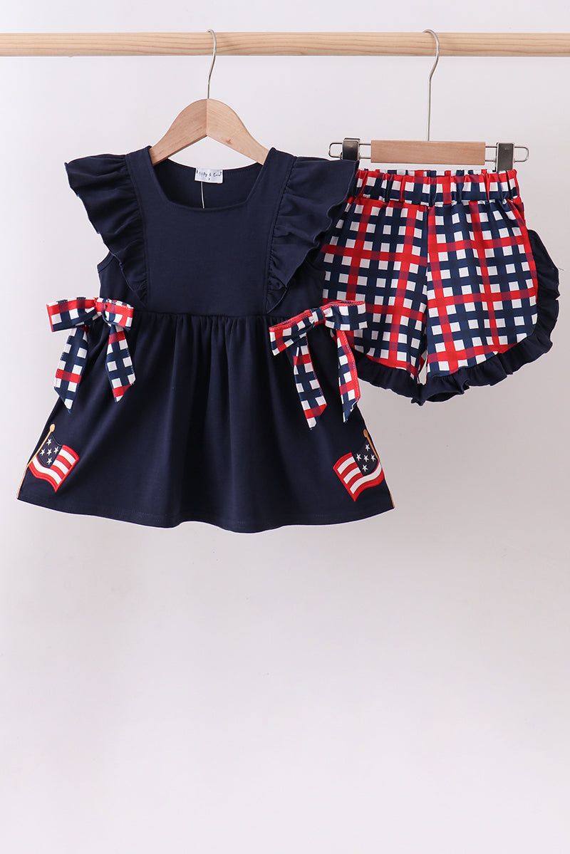 Navy Flag Gingham Ruffle Short Set