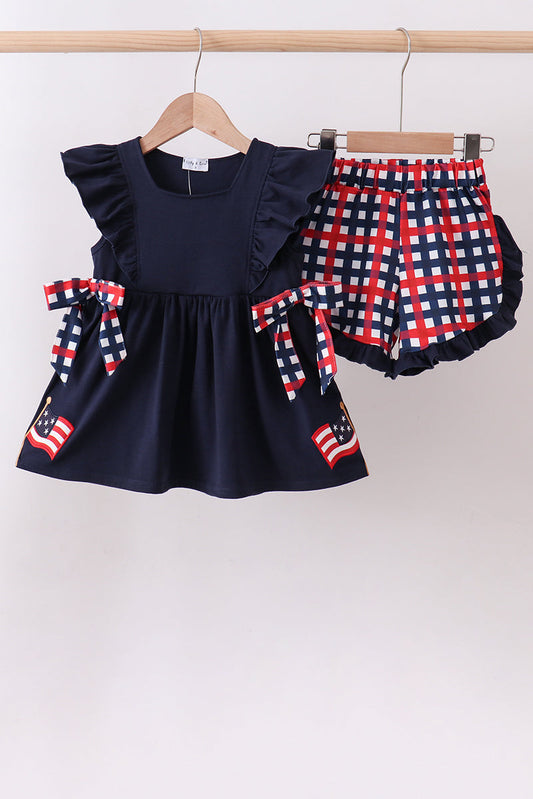 Navy Flag Gingham Ruffle Short Set