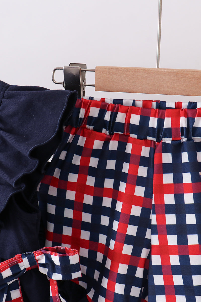 Navy Flag Gingham Ruffle Short Set