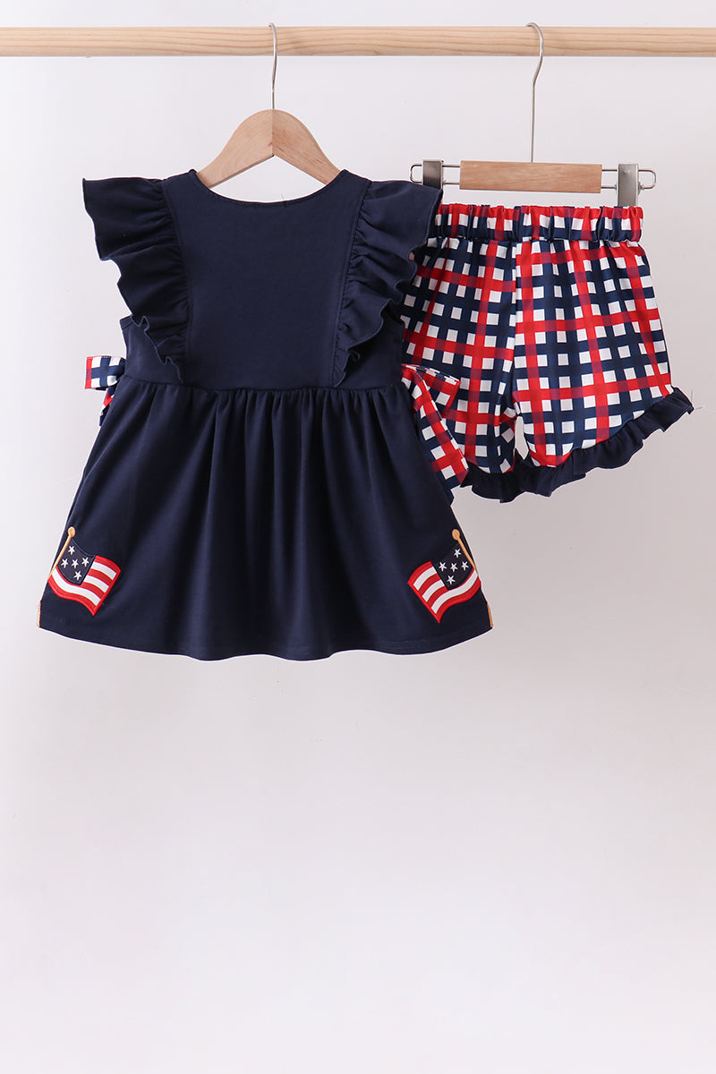 Navy Flag Gingham Ruffle Short Set