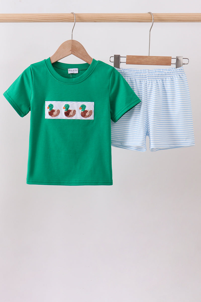 Green Duck French Knot Stripe Shorts Set