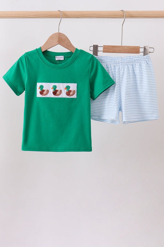 Green Duck French Knot Stripe Shorts Set